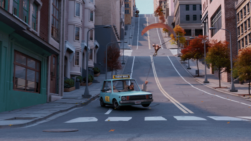 Stretchy suspender rig in the car chase sequence